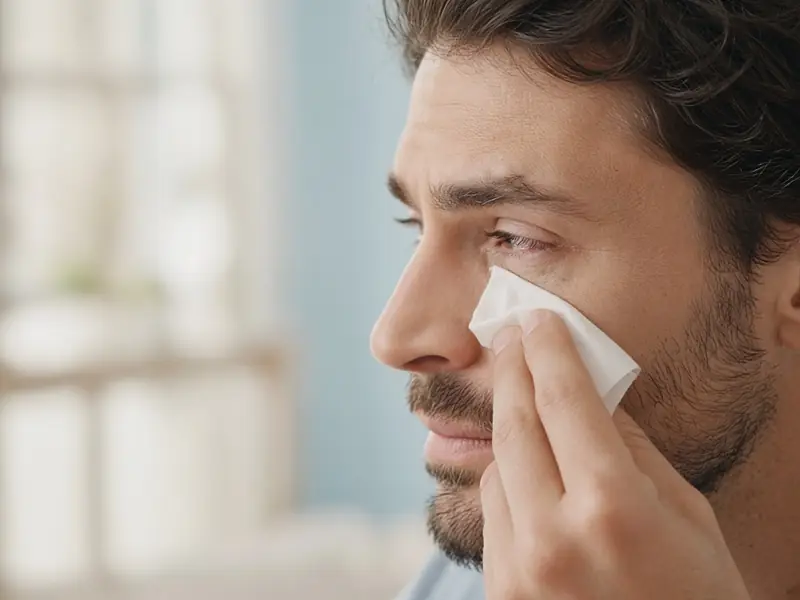 Homme qui essuie doucement le coin de son œil larmoyant avec un mouchoir