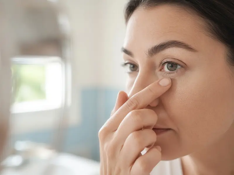Femme devant un miroir qui regarde son œil pour retirer une poussière