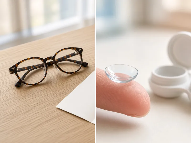 Lunettes de vue posées sur une table en bois et lentille de contact sur le bout d’un doigt